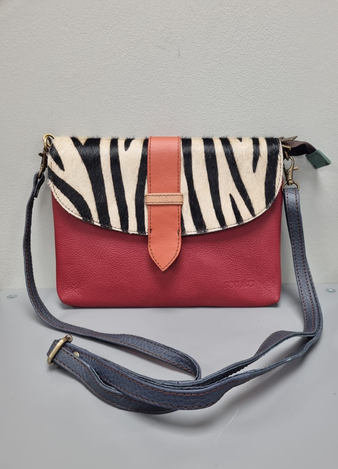 Saddle Leather Cross Body Bag -Red Leather & Animal Print