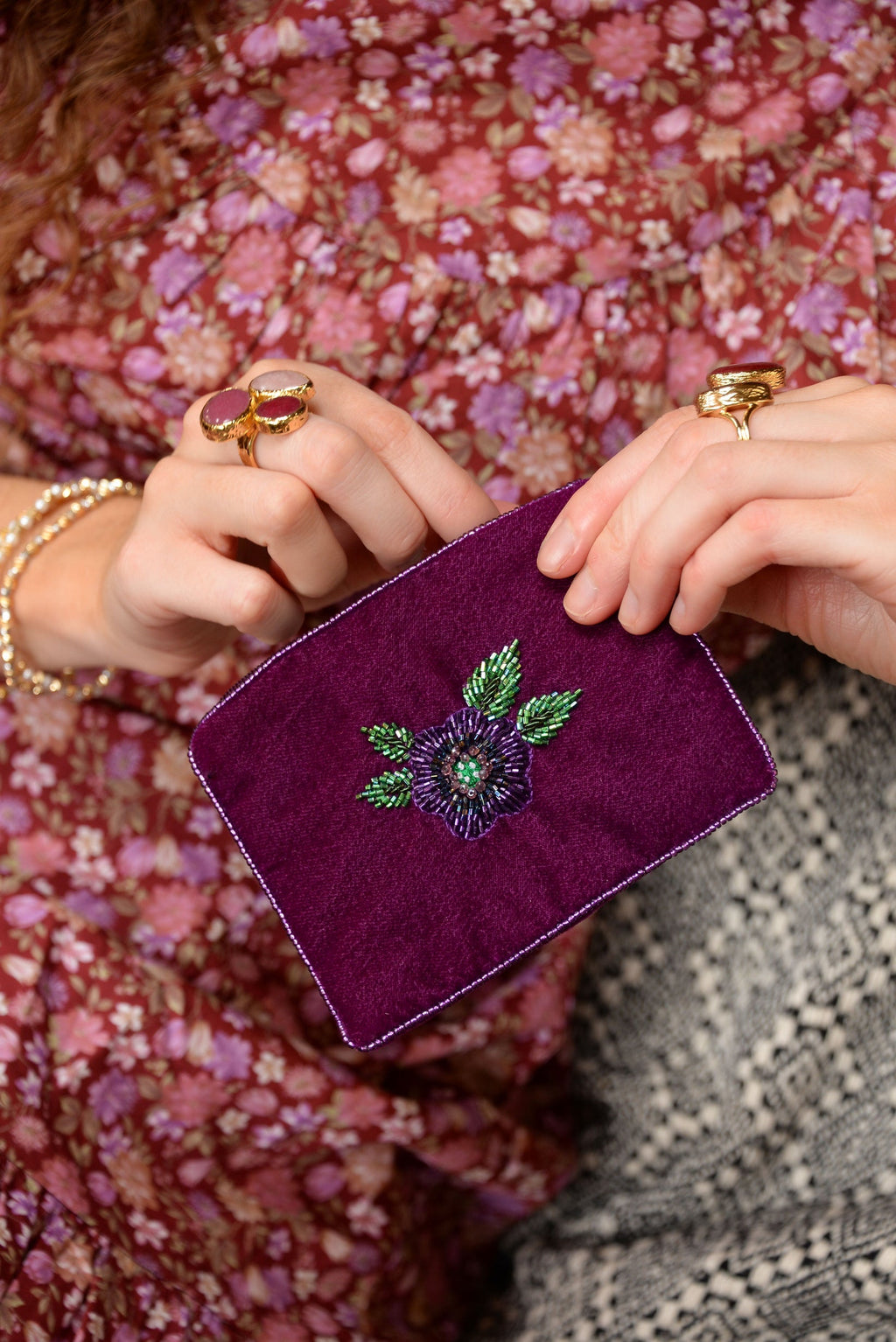 Purple Flower Velvet Purse