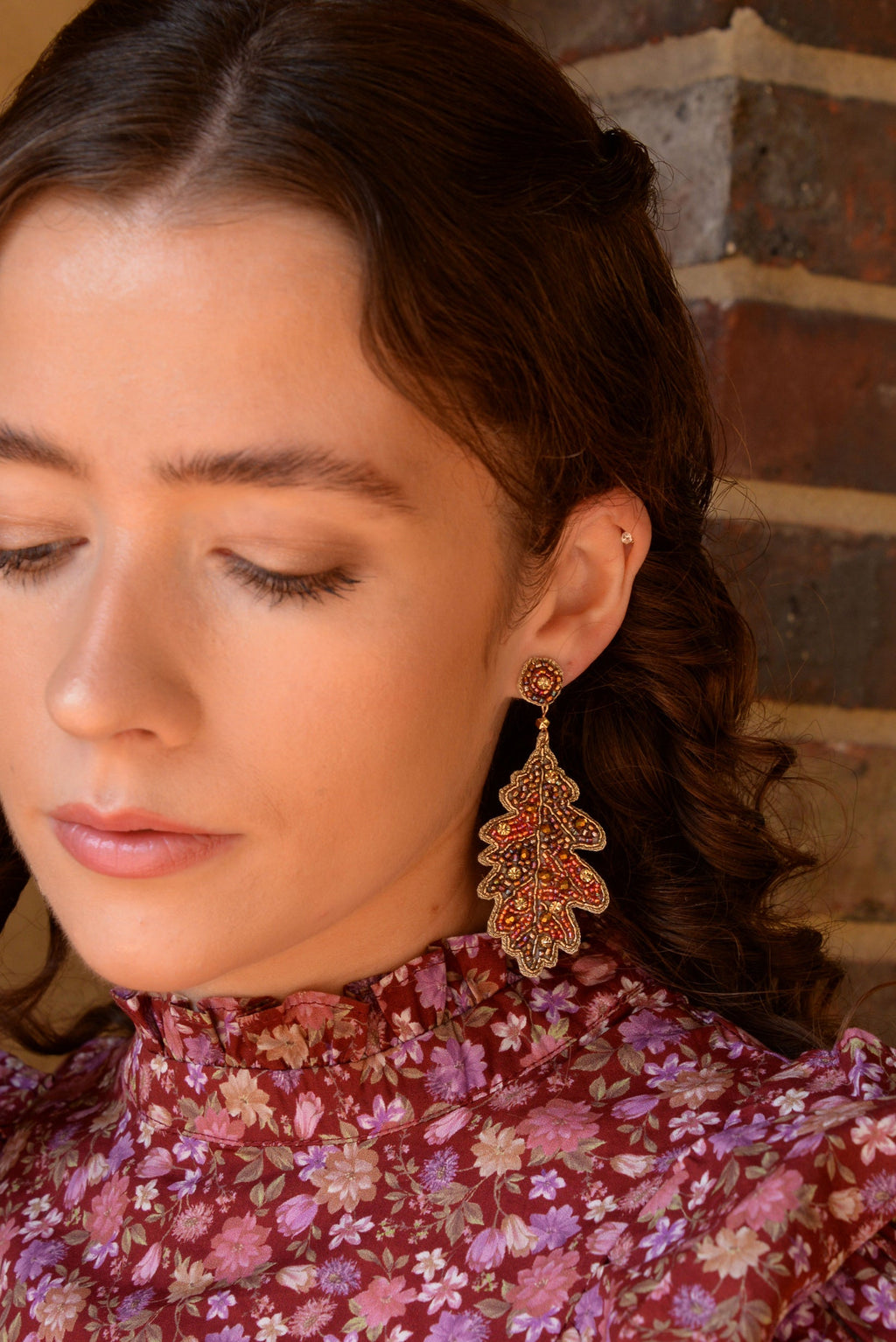 Beaded Autumn Acorn Leaf  Drop Earrings