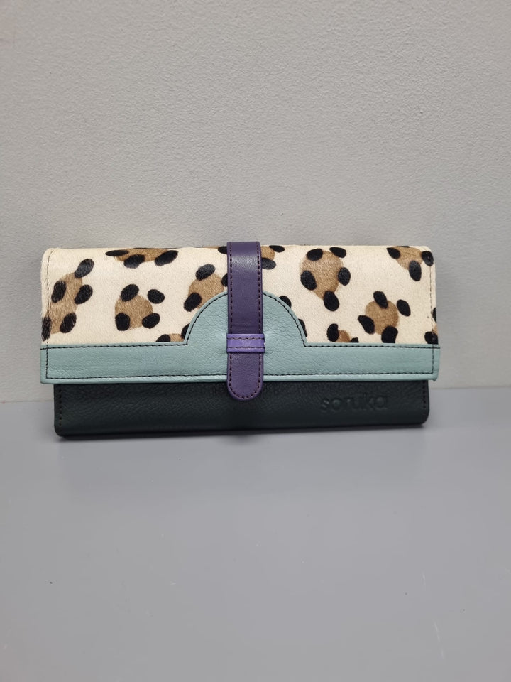 Half Moon  Wallet - Animal Print And Green Leather