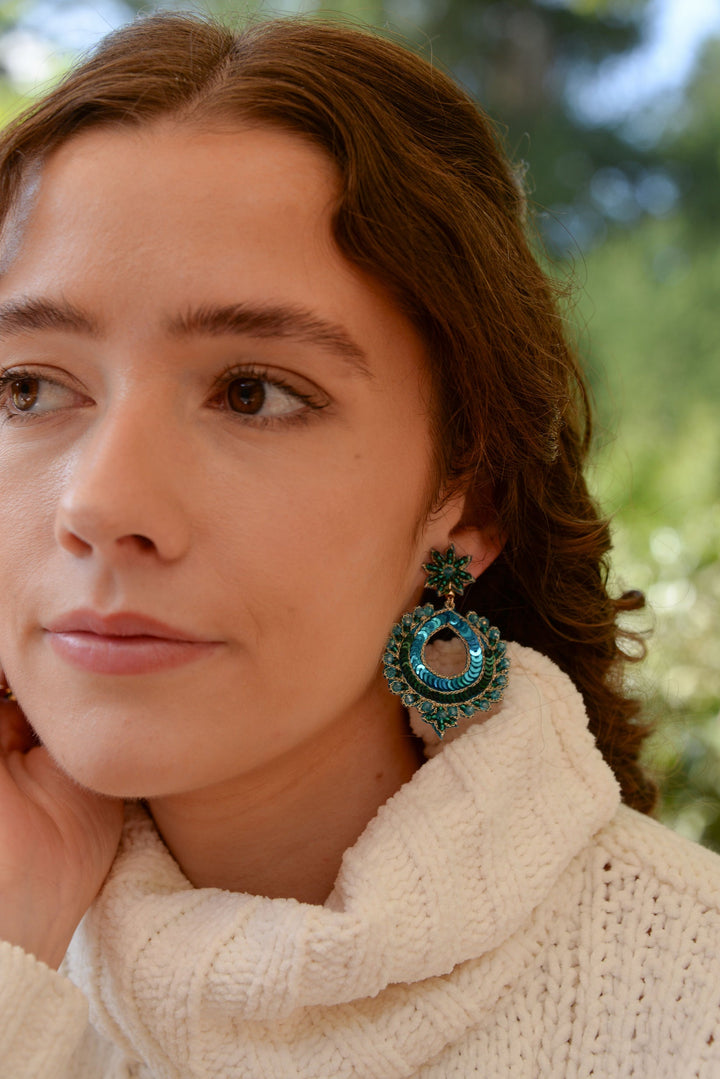 Peacock Blue Round  Drop Earrings