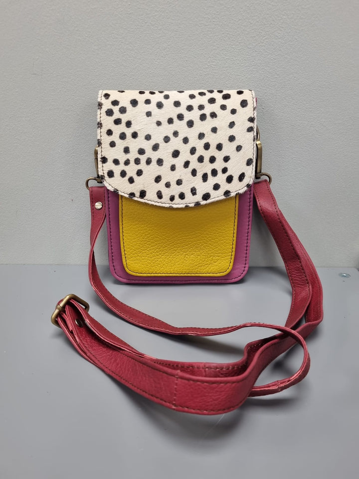 Aiko Leather Cross Body Bag -Rose And Mustard Leather/Animal Print