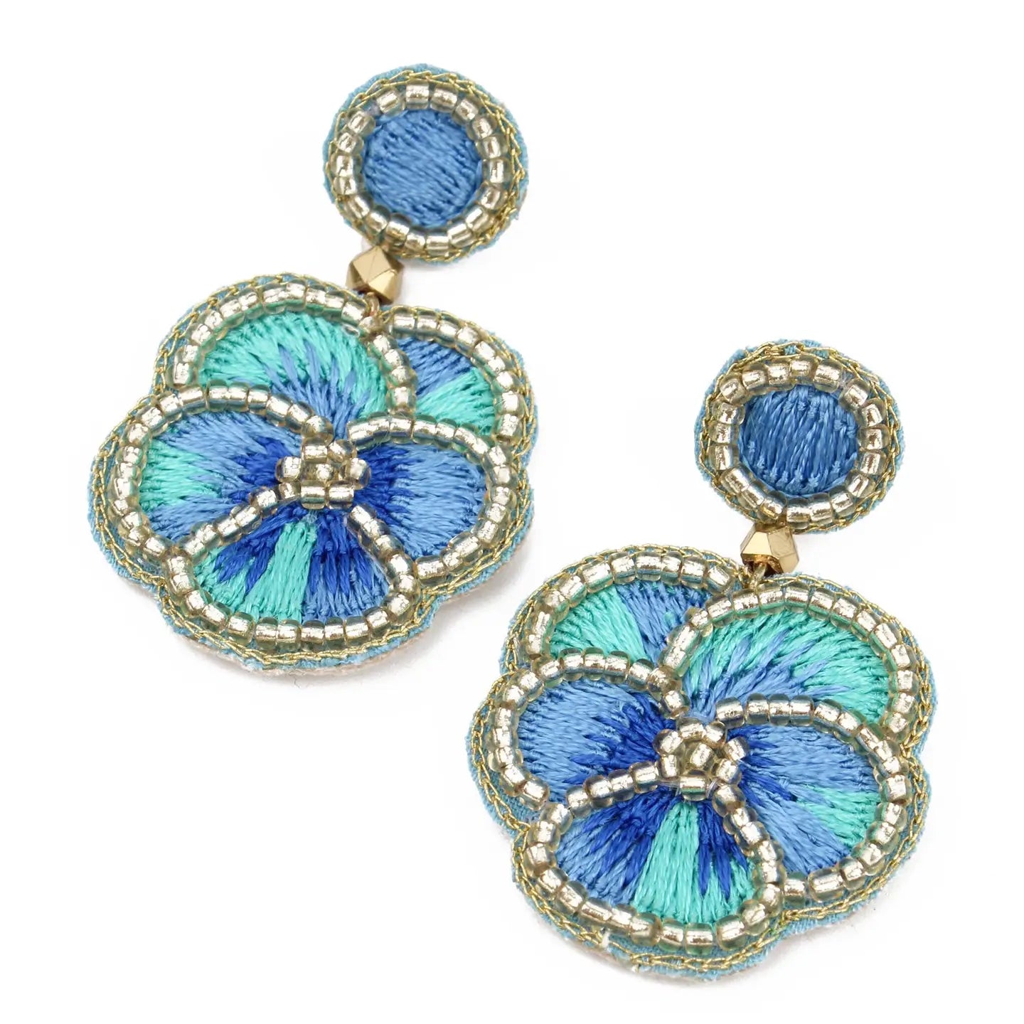 Blue Pansy Beaded Drop Earrings