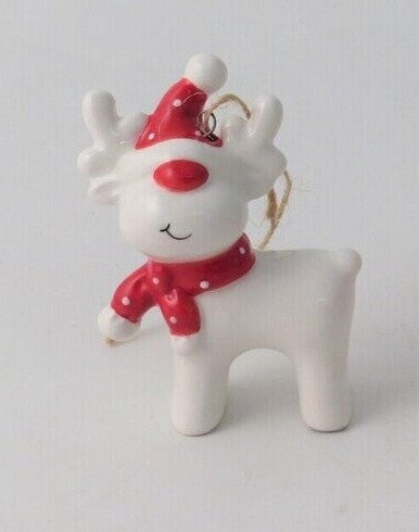 White reindeer with Spotty Red Scarf Tree Decoration