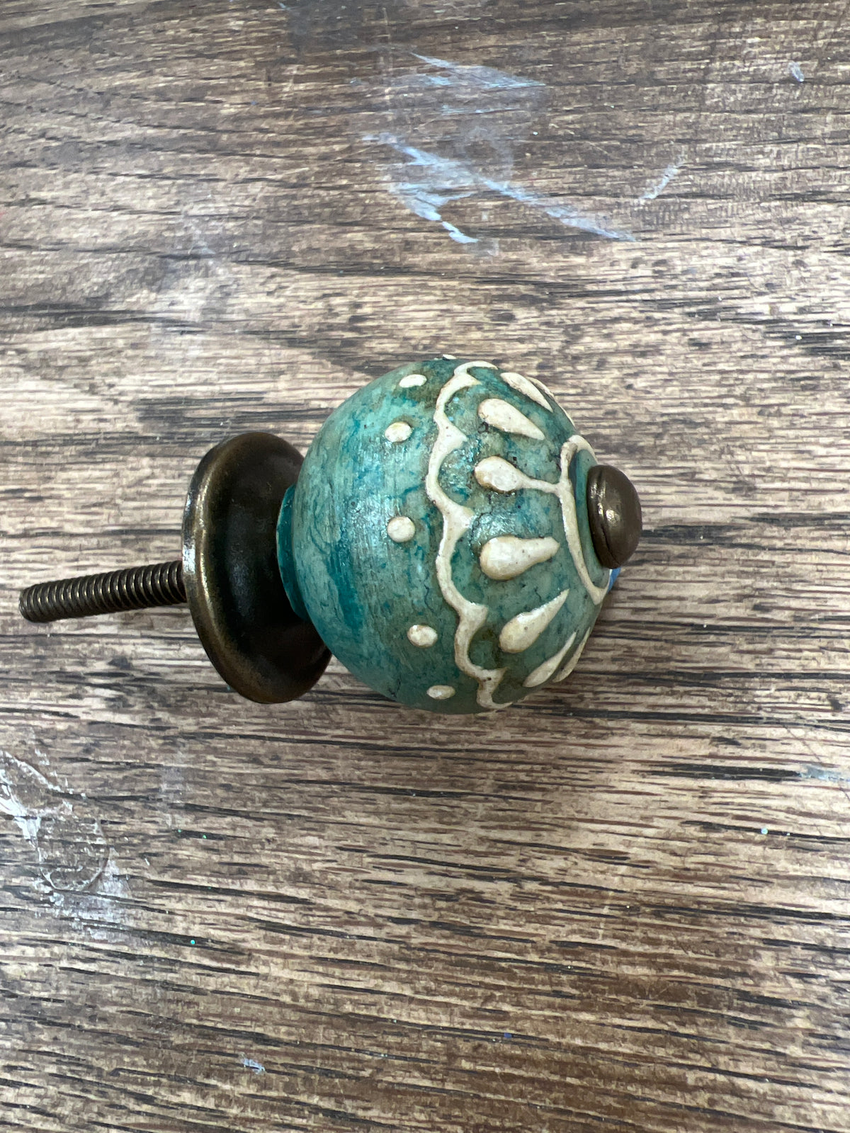 Turquoise With Cream Piped Pattern Round Knob 20mm