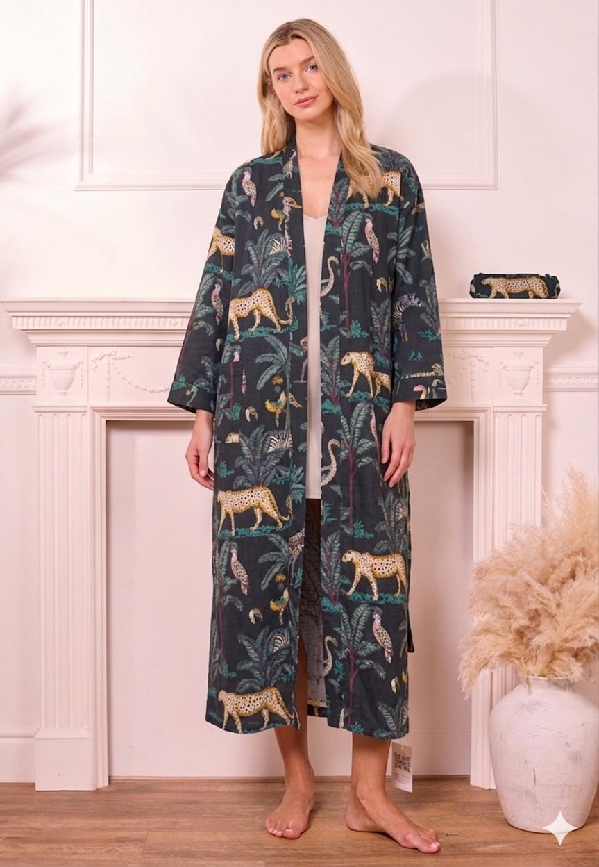 Waffle Cotton Screen Print Bathrobe - Black