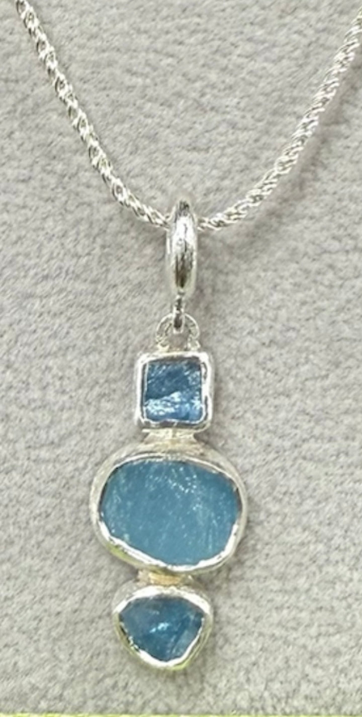 Three Stone Mixed Blues Sterling Silver Necklace