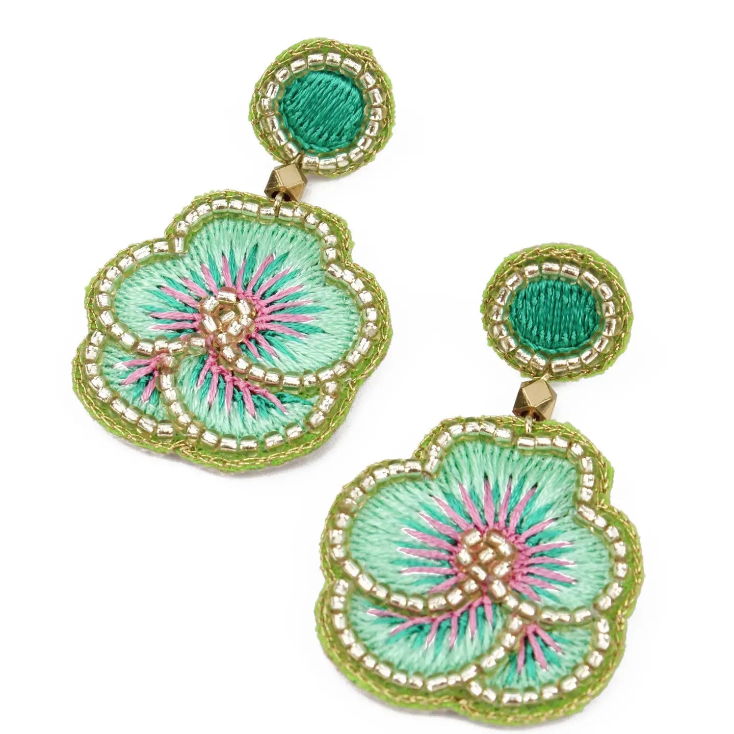 Mint Green Pansy Beaded Drop Earrings