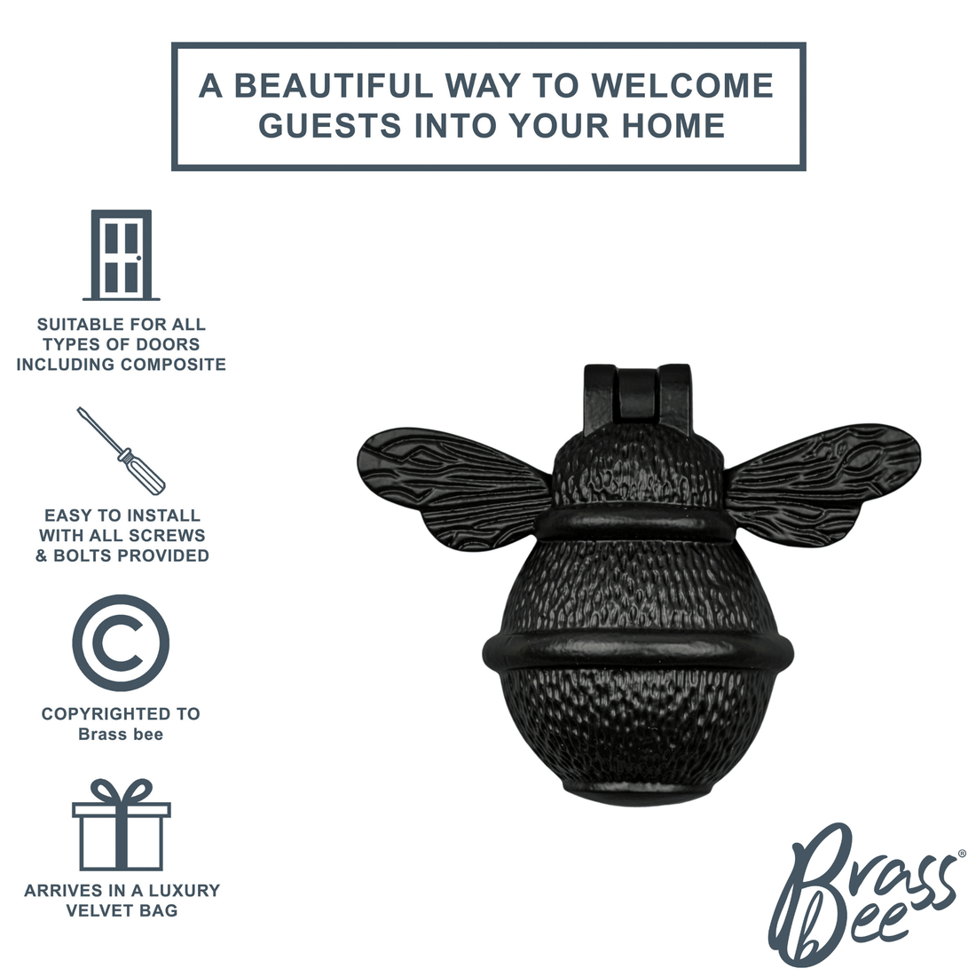 Brass Bee Door Knocker - Black Finish