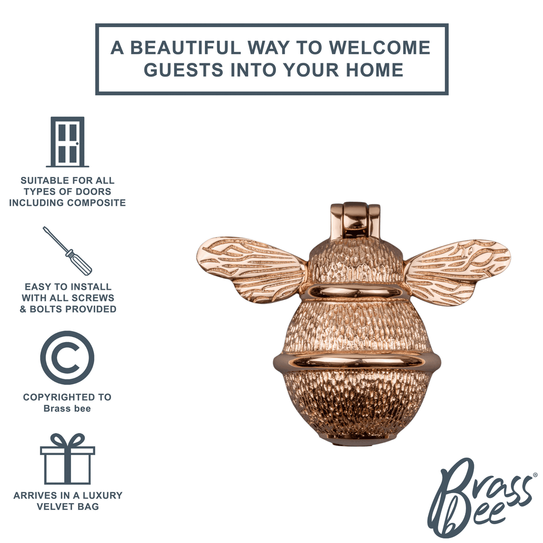 Brass Bee Door Knocker - Rose Gold Finish