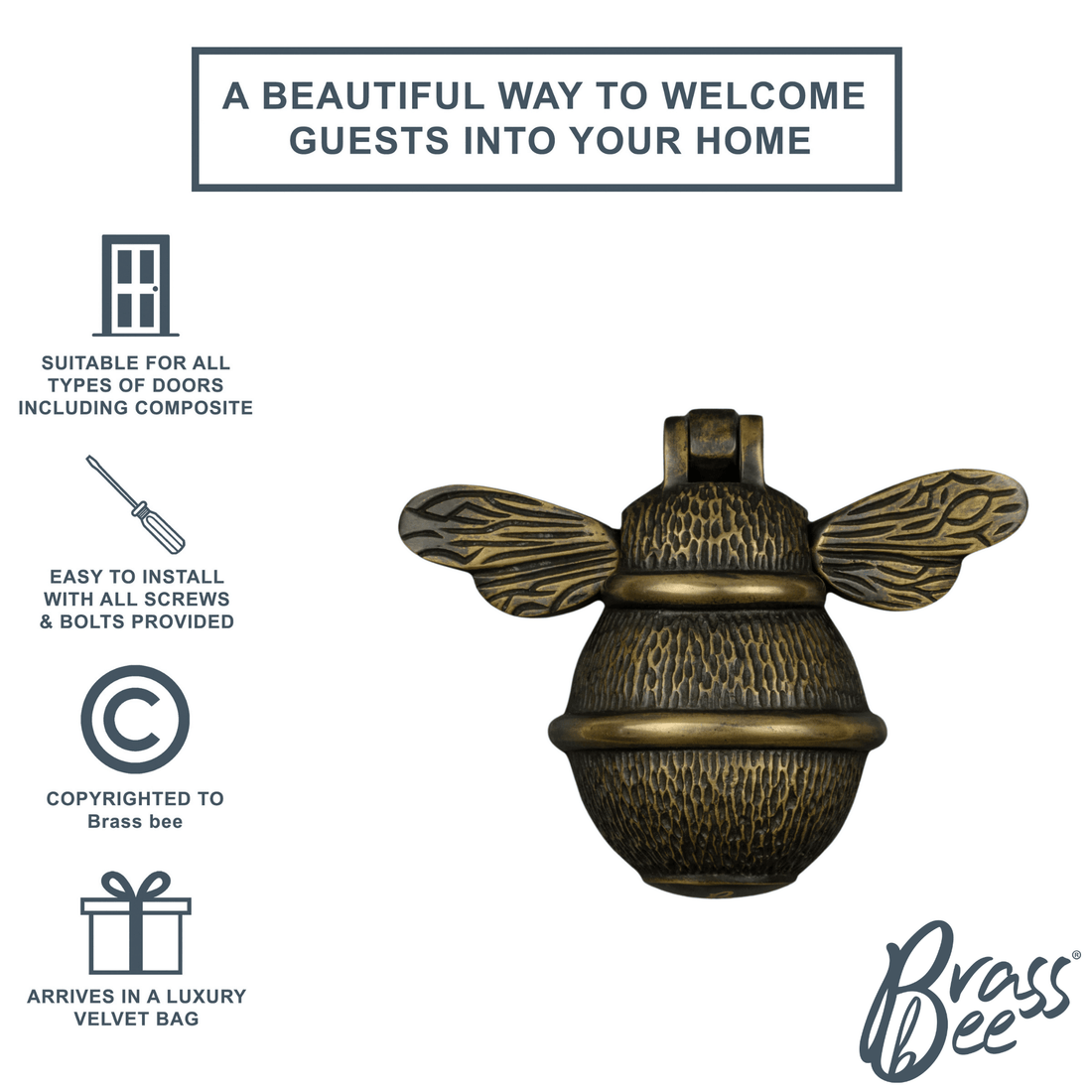Brass Bee Door Knocker - Heritage Finish