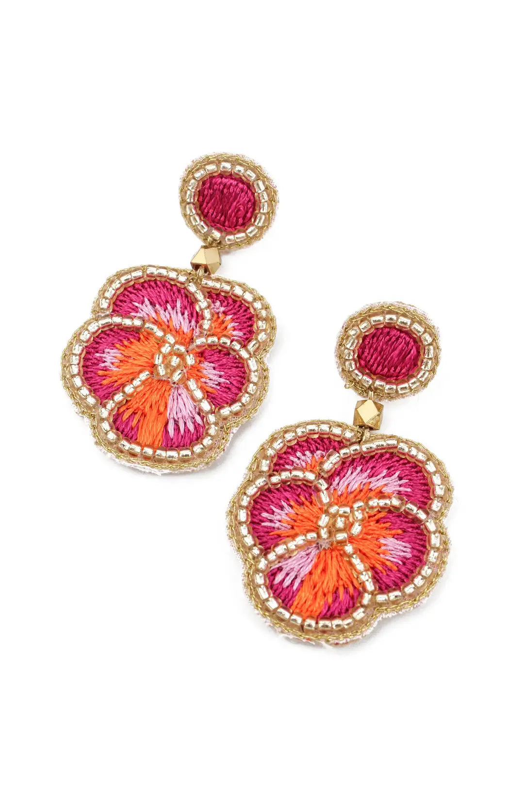 Pink Pansy Beaded Drop Earrings