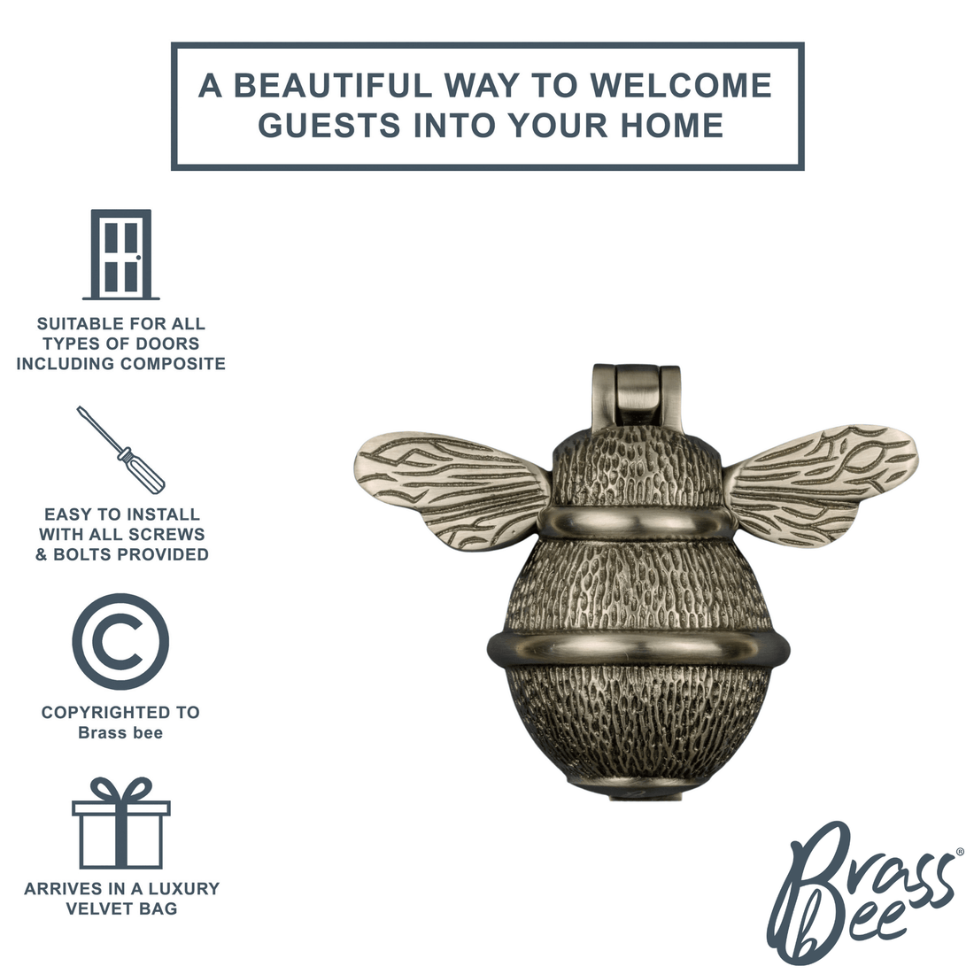 Brass Bee Door Knocker  - Pewter Finish