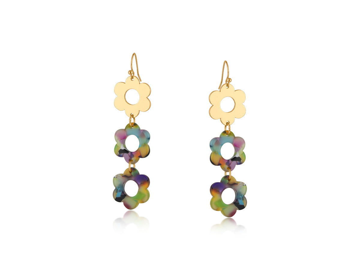 Lola Long Dangle Metal and Resin Floral Earrings