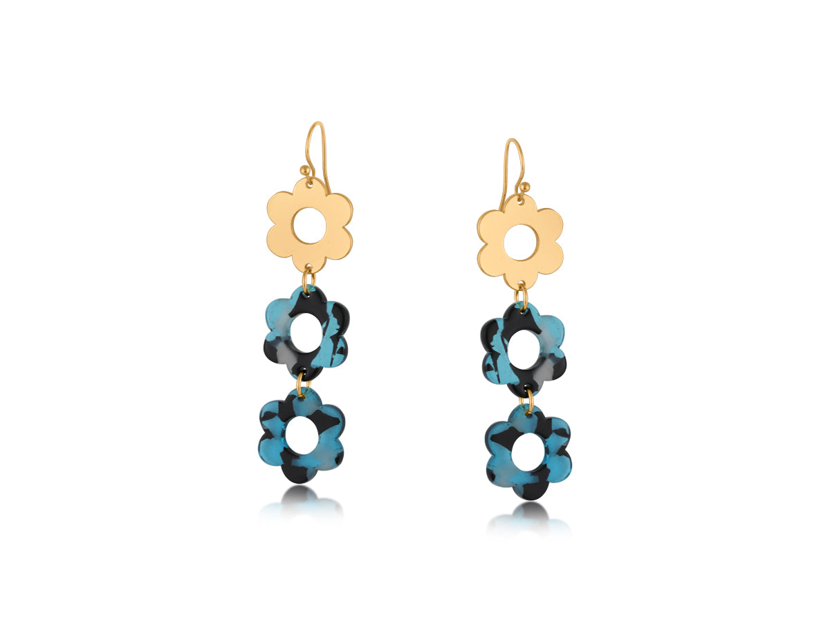 Lola Long Dangle Metal and Resin Floral Earrings