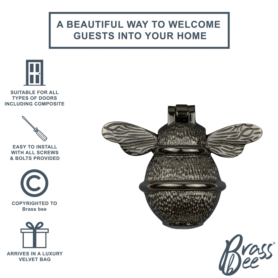 Brass Bee Door Knocker - Black Nickel Finish