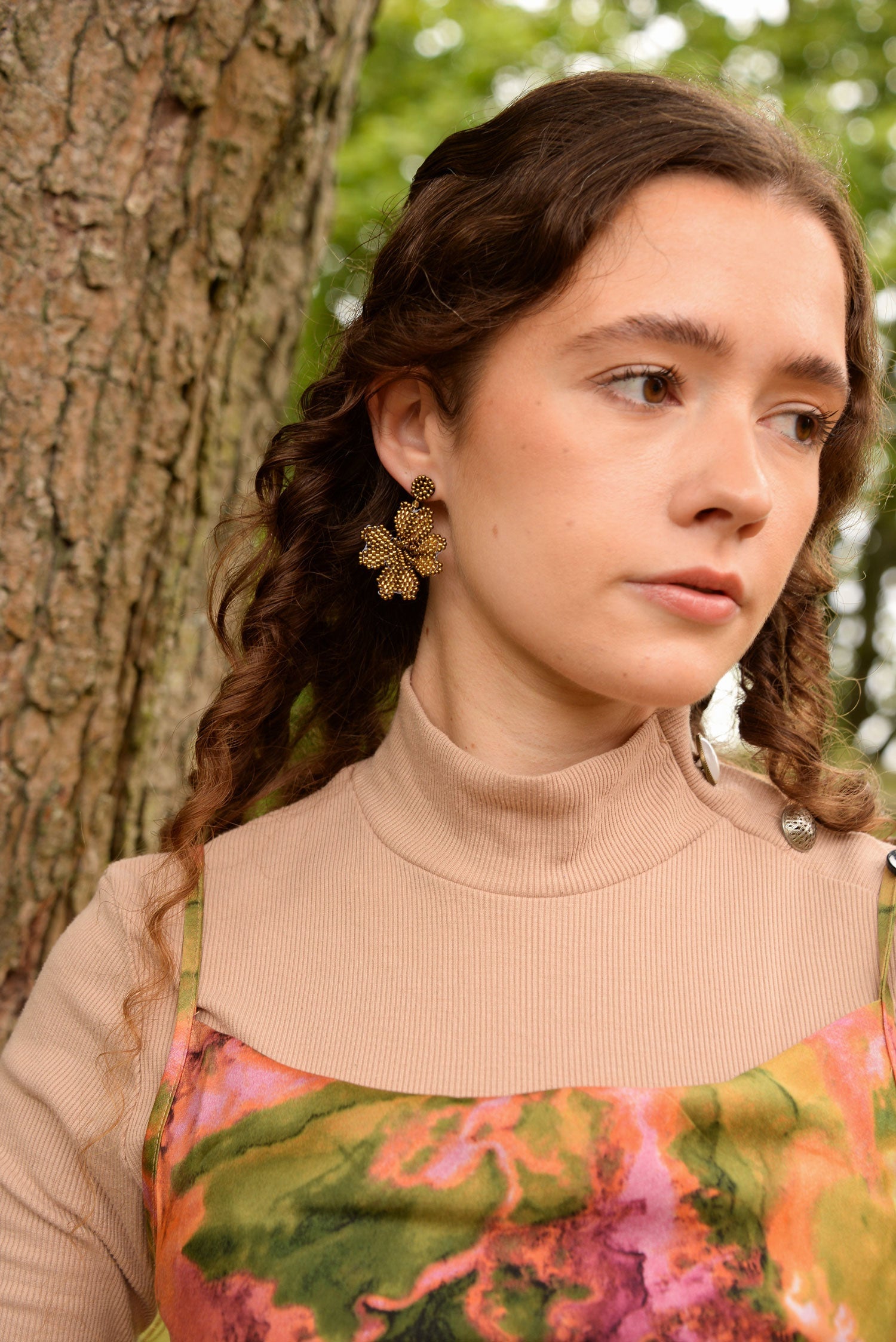 Gold Beaded Flower Earrings
