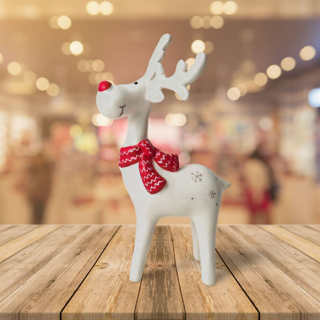 White Red Nosed Reindeer with Scarf Decoration