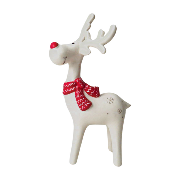 White Red Nosed Reindeer with Scarf Decoration