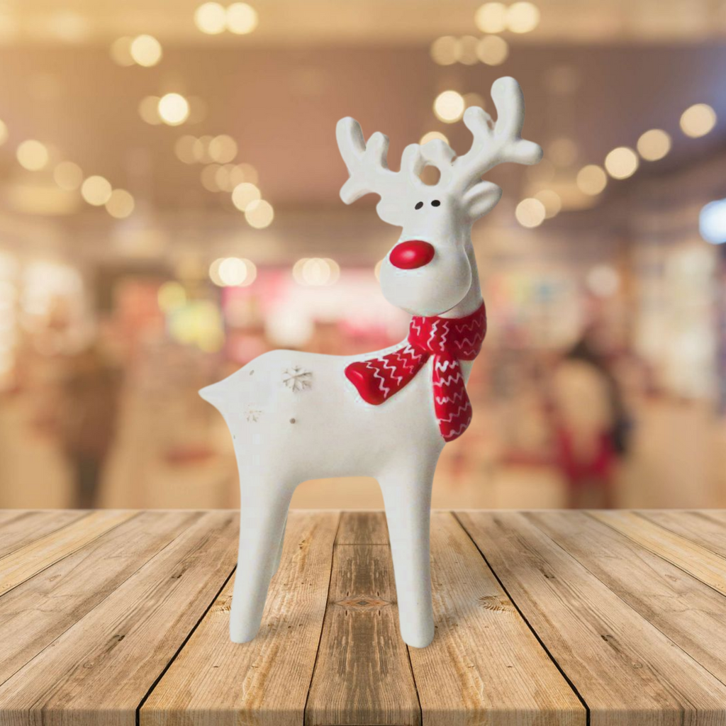 White Red Nosed Reindeer with Scarf Decoration