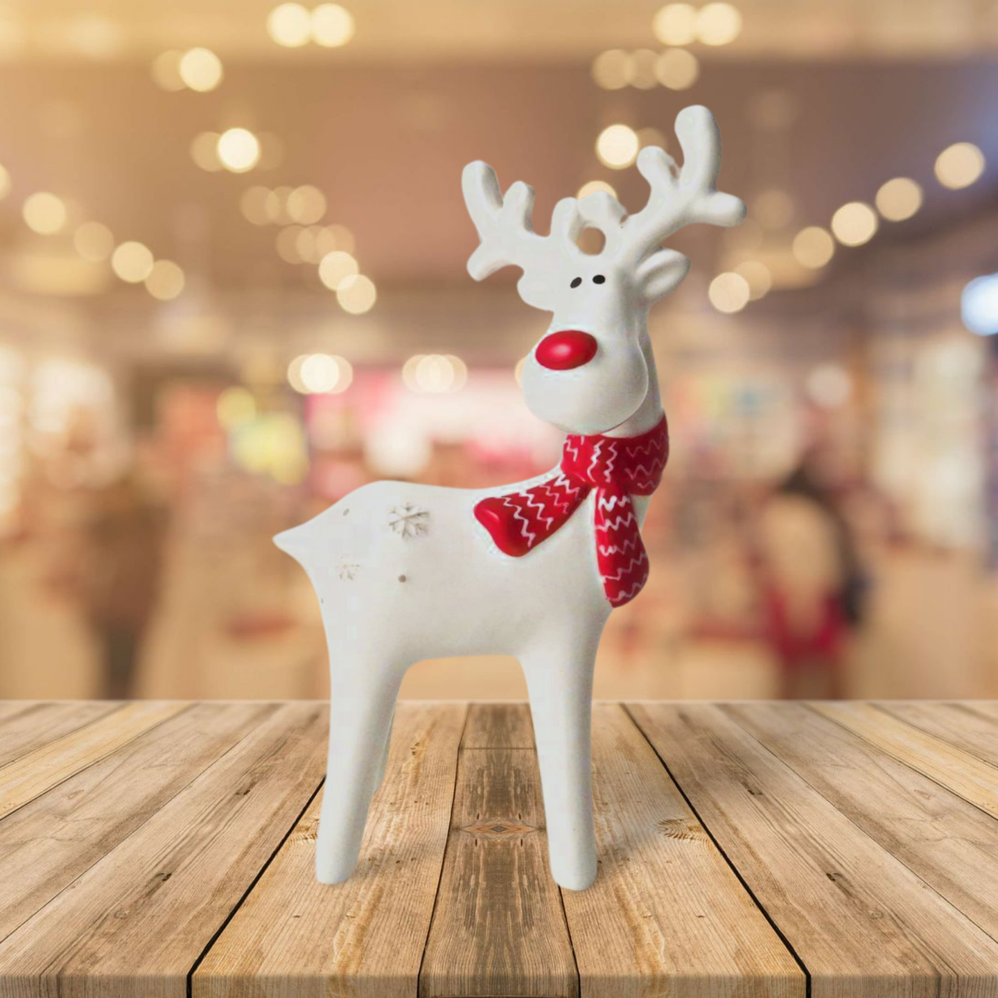 White Red Nosed Reindeer with Scarf Decoration