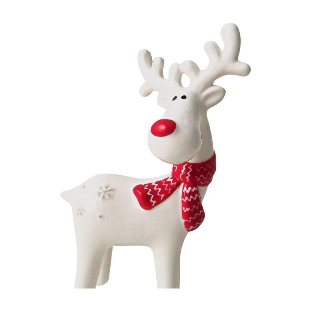 White Red Nosed Reindeer with Scarf Decoration