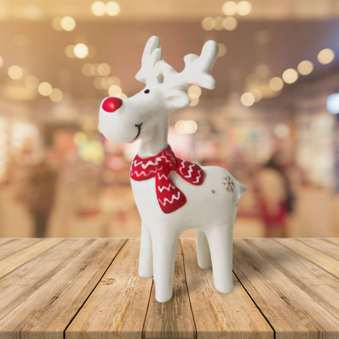 White Red Nosed Reindeer with Scarf Decoration