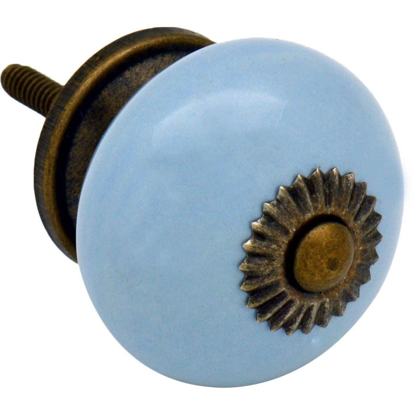 Lilac/Blue Ceramic Drawer Pull With Antique Brass Fittings