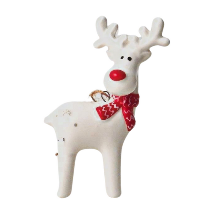 White Red Nosed Reindeer with Scarf Decoration