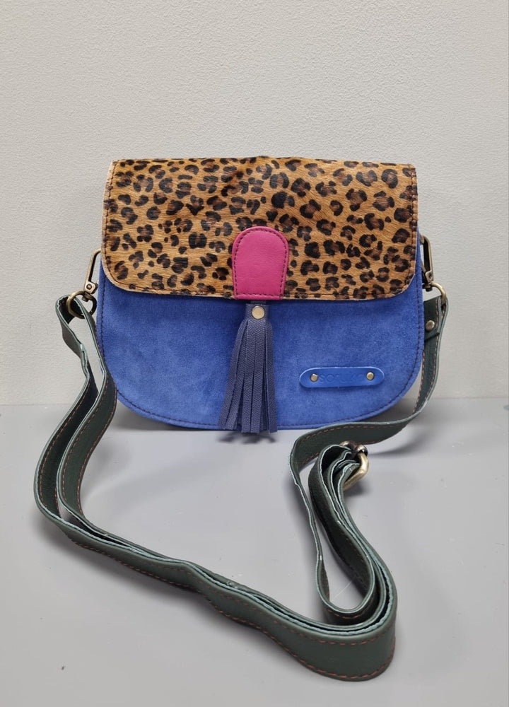 Lena Leather Cross Body Bag - Blue Suede and Animal Print