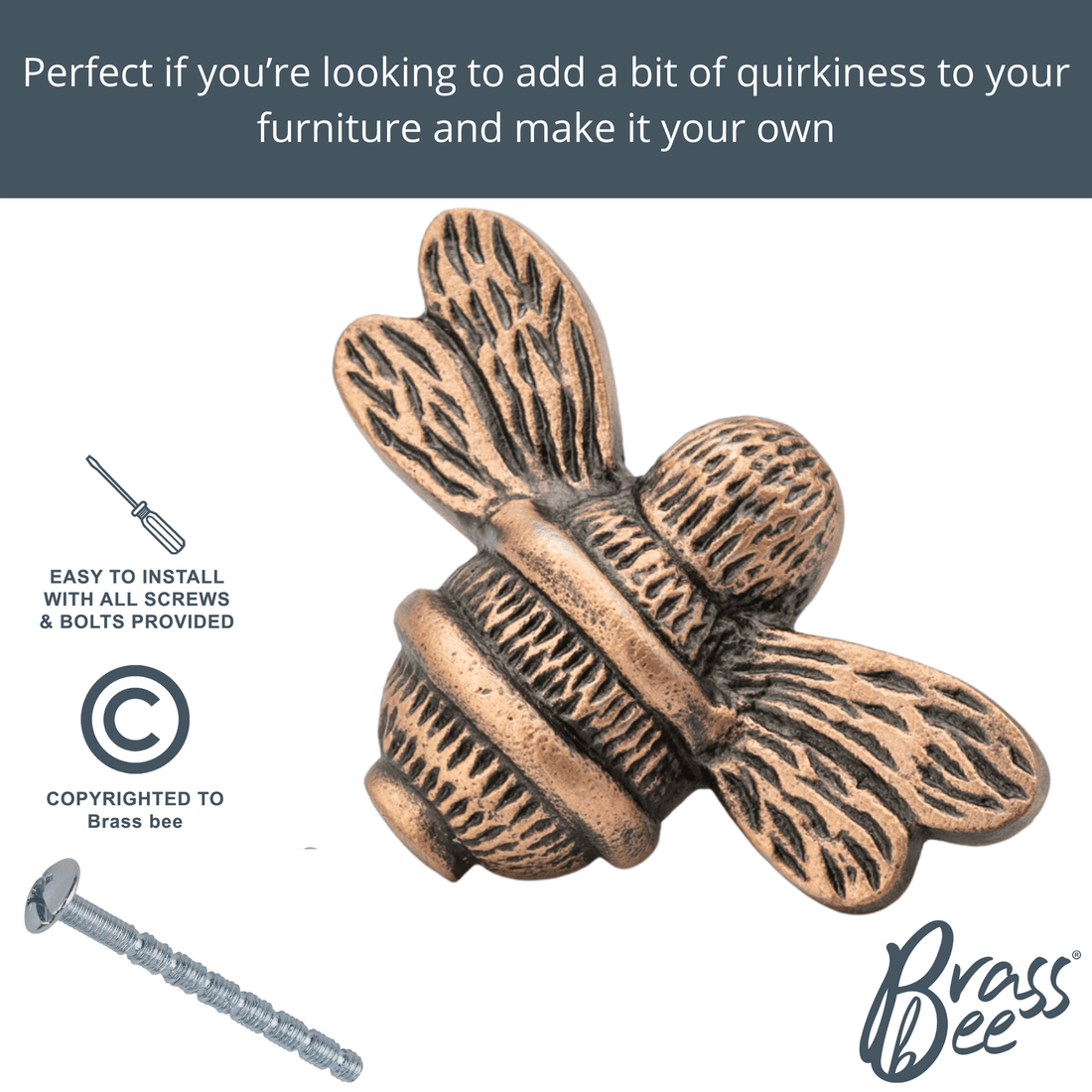 Brass Bee Drawer Knob - Antique Copper Finish