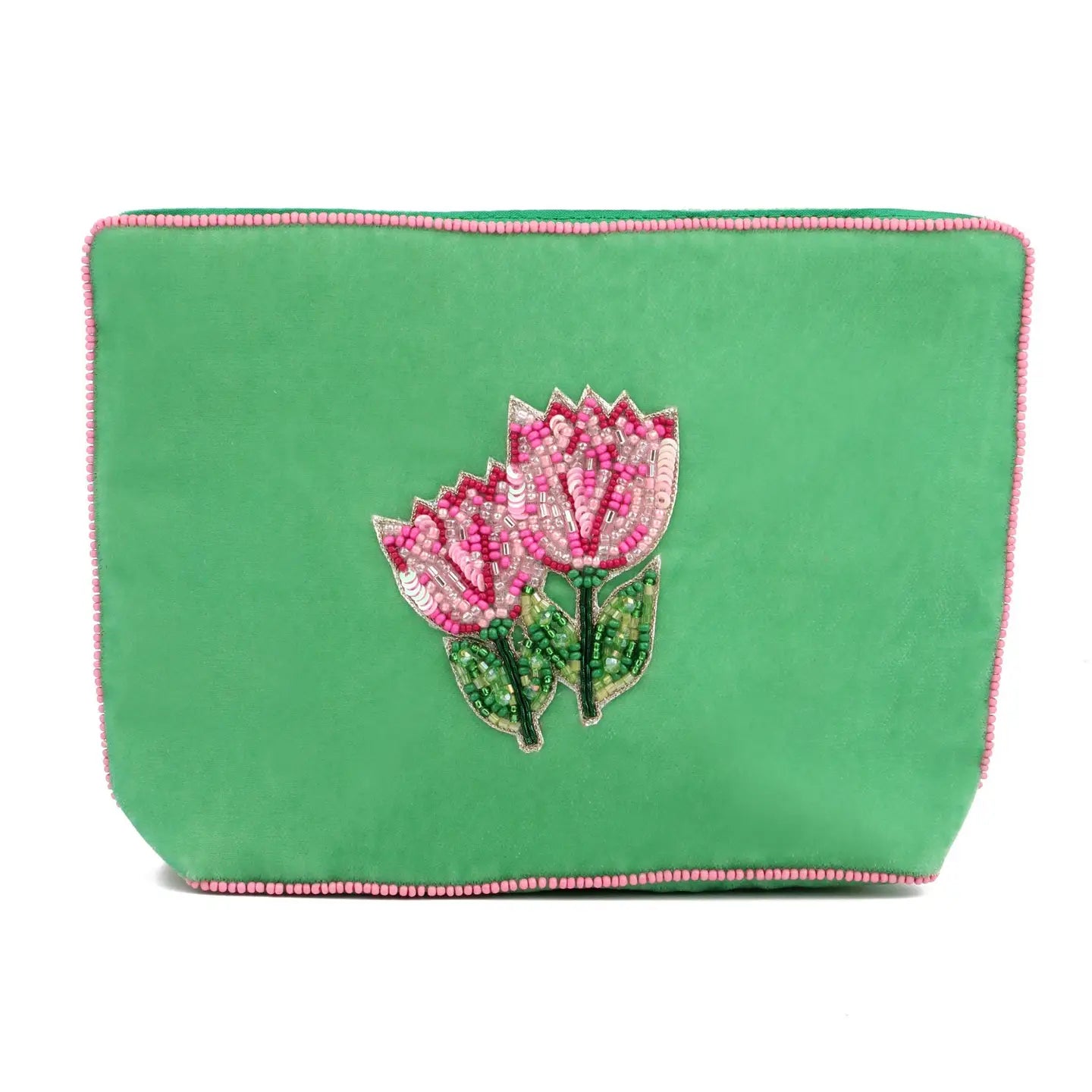 Pink Beaded Tulips on Green Purse - Medium