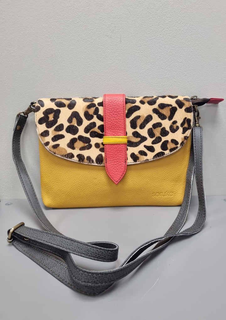 Saddle Leather Cross Body Bag -Mustard & Animal Print