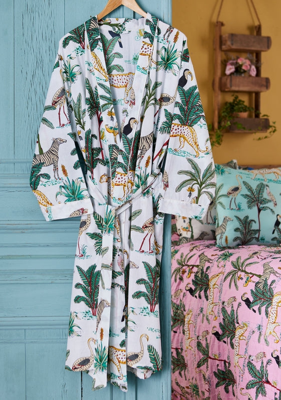 Cotton Dressing Gown - White Jungle Print