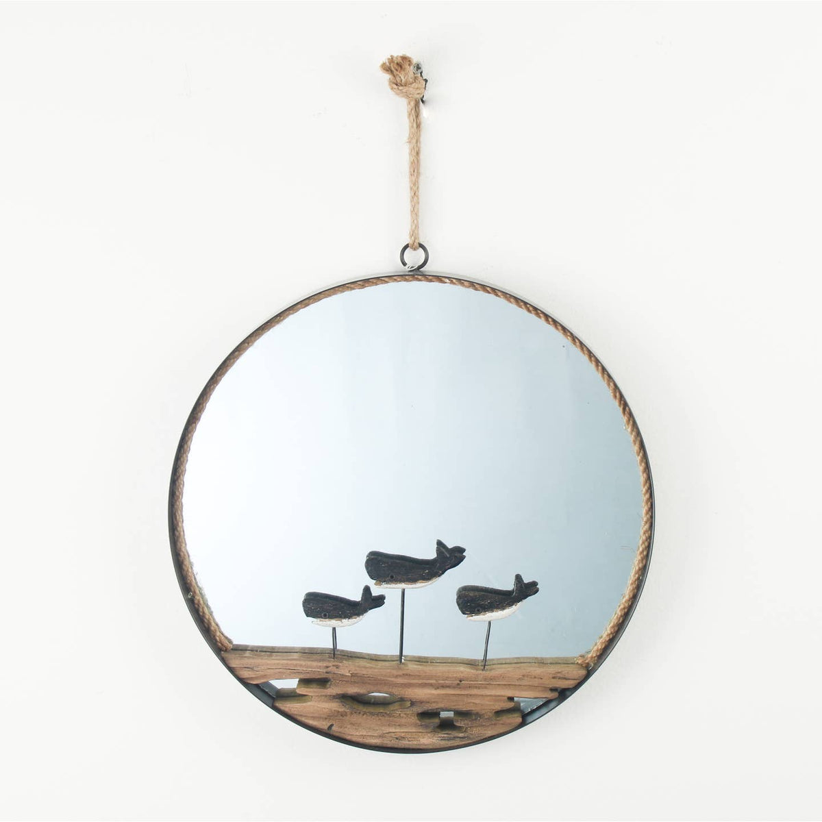 Round Coastal Whale Mirror with Driftwood and Rope Hanger