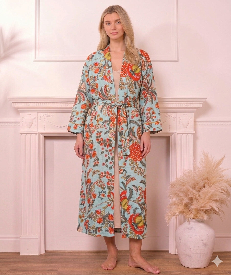 Waffle Cotton Screen Print Bathrobe - Duck Egg