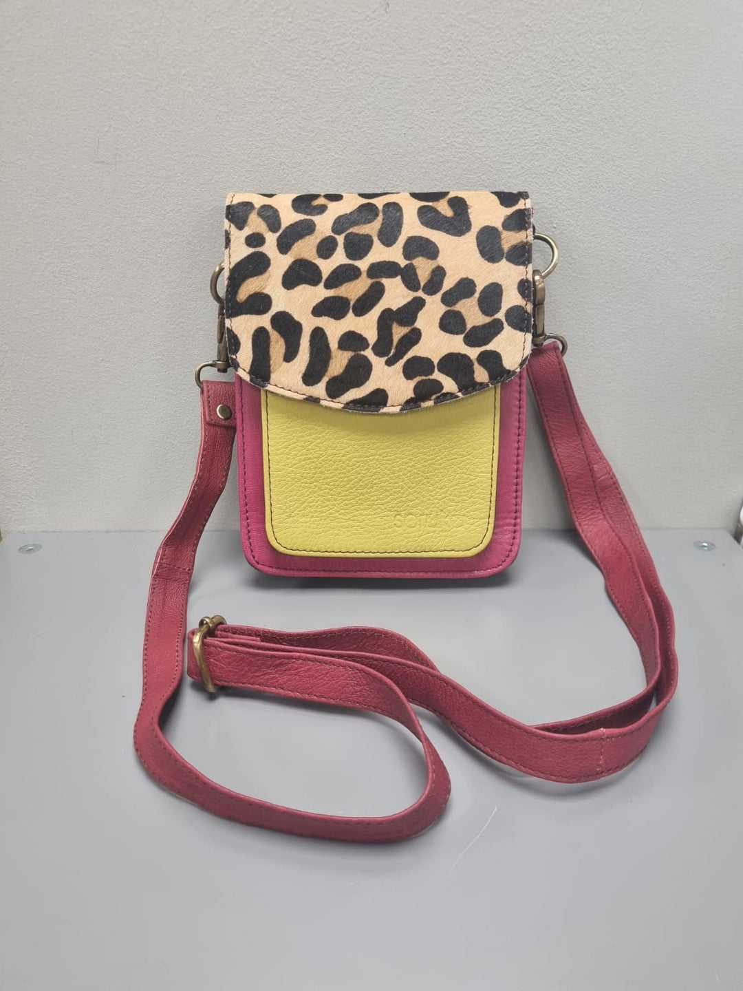 Aiko Leather Cross Body Bag - Pink And Lime Leather/ Animal Print