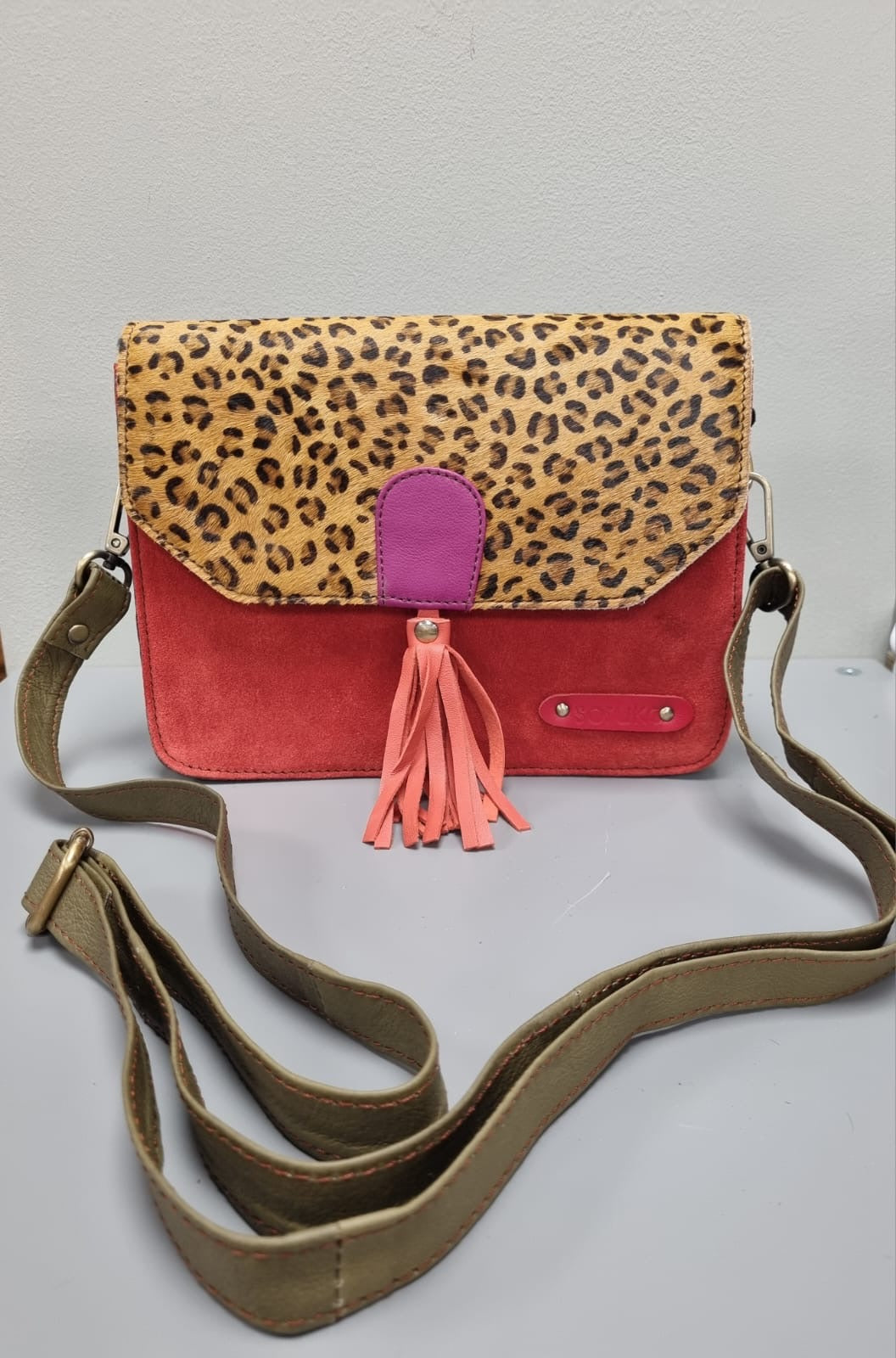 Claire Leather Cross Body Bag - Red Suede and Animal Print