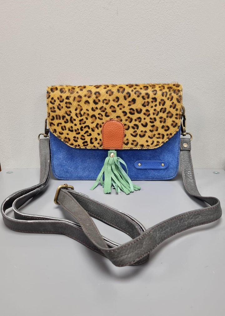 Claire Leather Cross Body Bag - Blue Suede and Animal Print