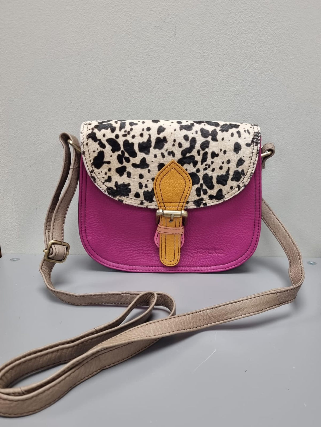 Ally Leather Cross Body Bag - Pink Leather & Animal Print