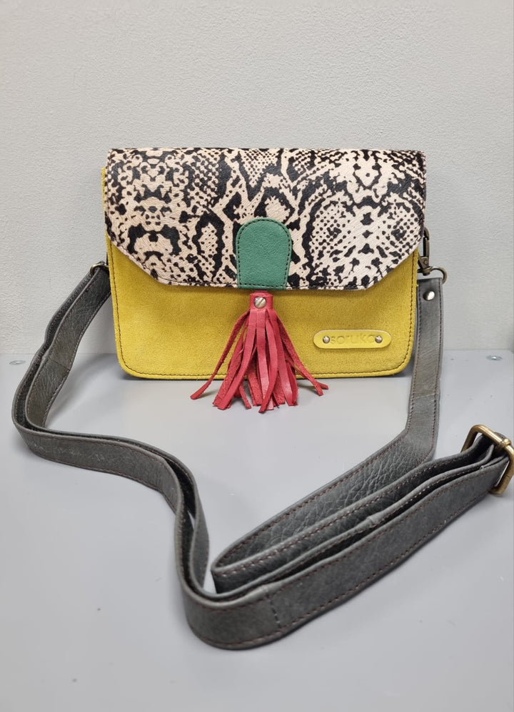 Claire Leather Cross Body Bag - Yellow Suede and Animal Print
