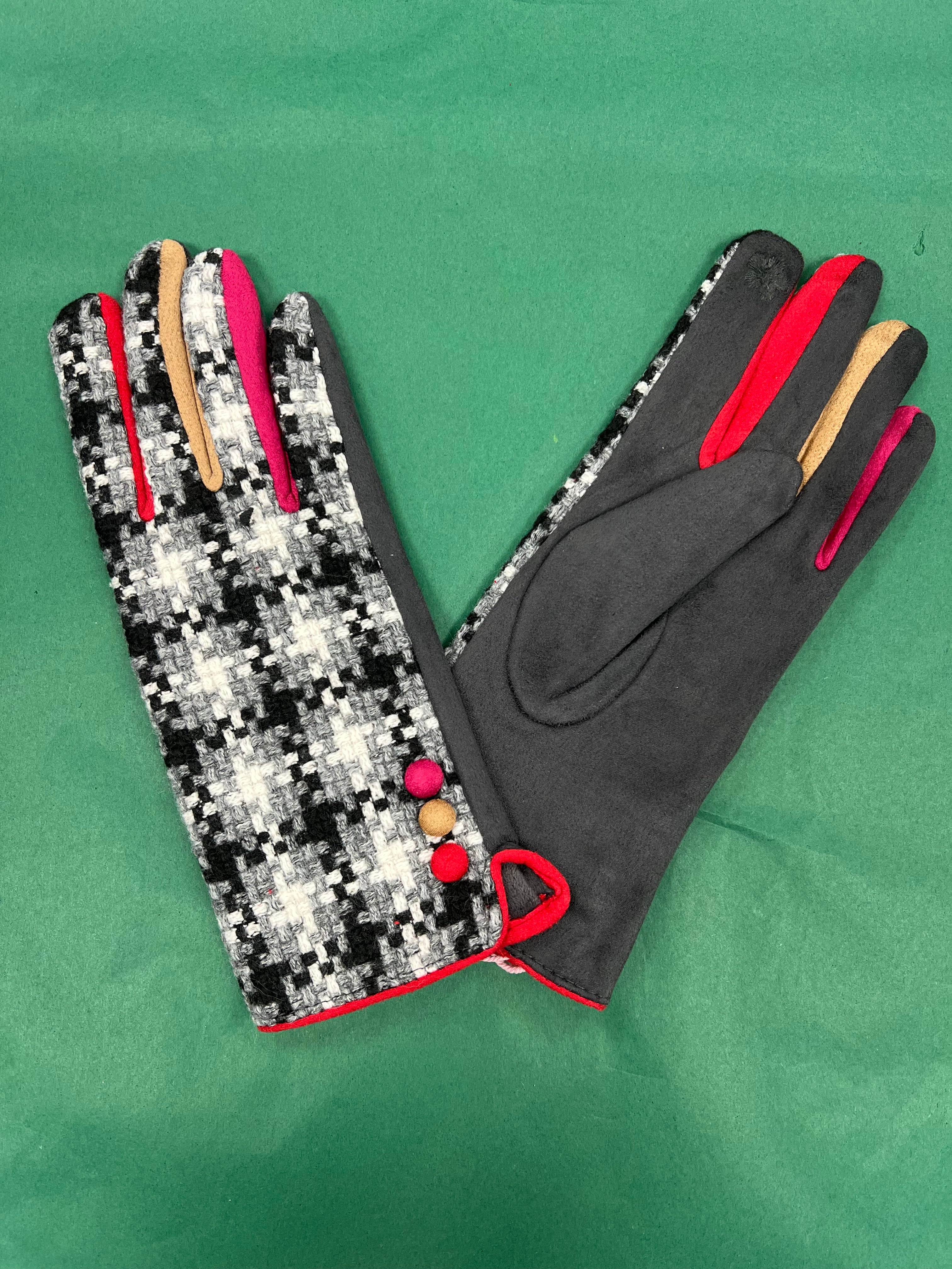 Ladies Dog Tooth Check Gloves - Grey