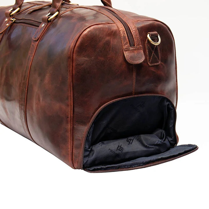 Roma Leather Duffle Bag With Shoe Section - Brown