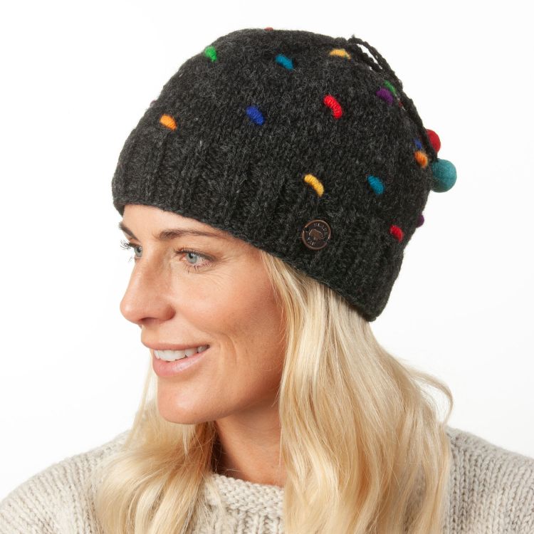 Pure Wool French Knot Beanie - Charcoal/Rainbow