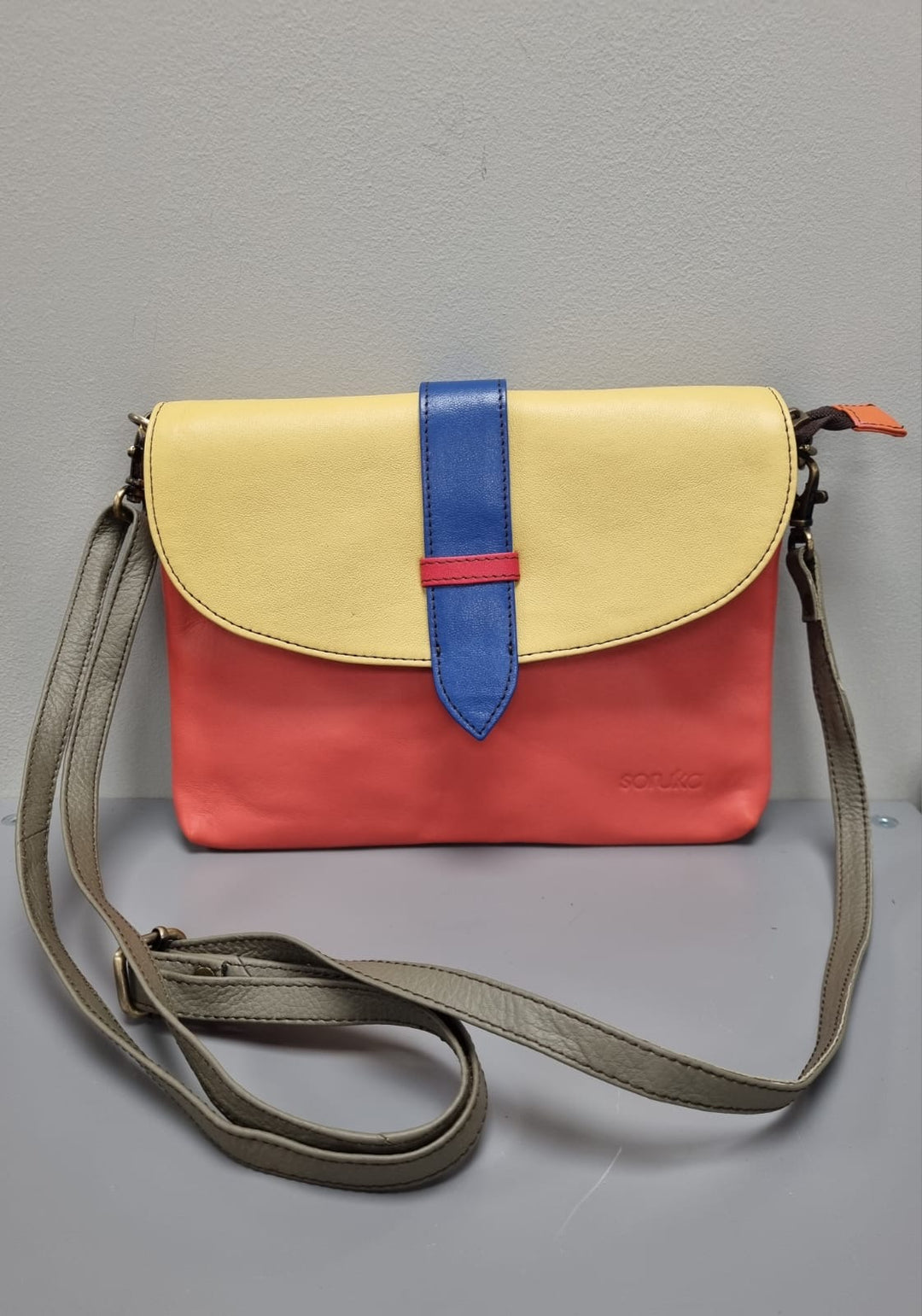 Saddle Cross Body Bag -Coral & Mustard Leather