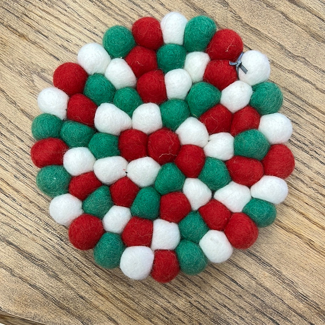 Large Ball Felted Wool Place Mat- Green/Red/White