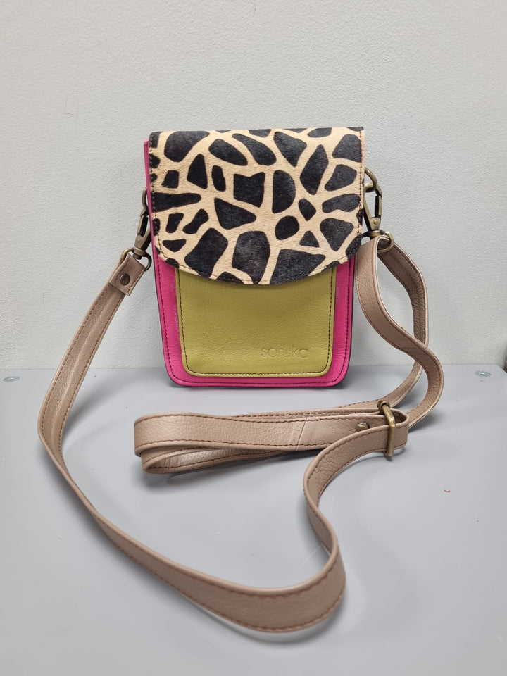 Aiko Leather Cross Body Bag -Pink And Olive Leather/Animal Print