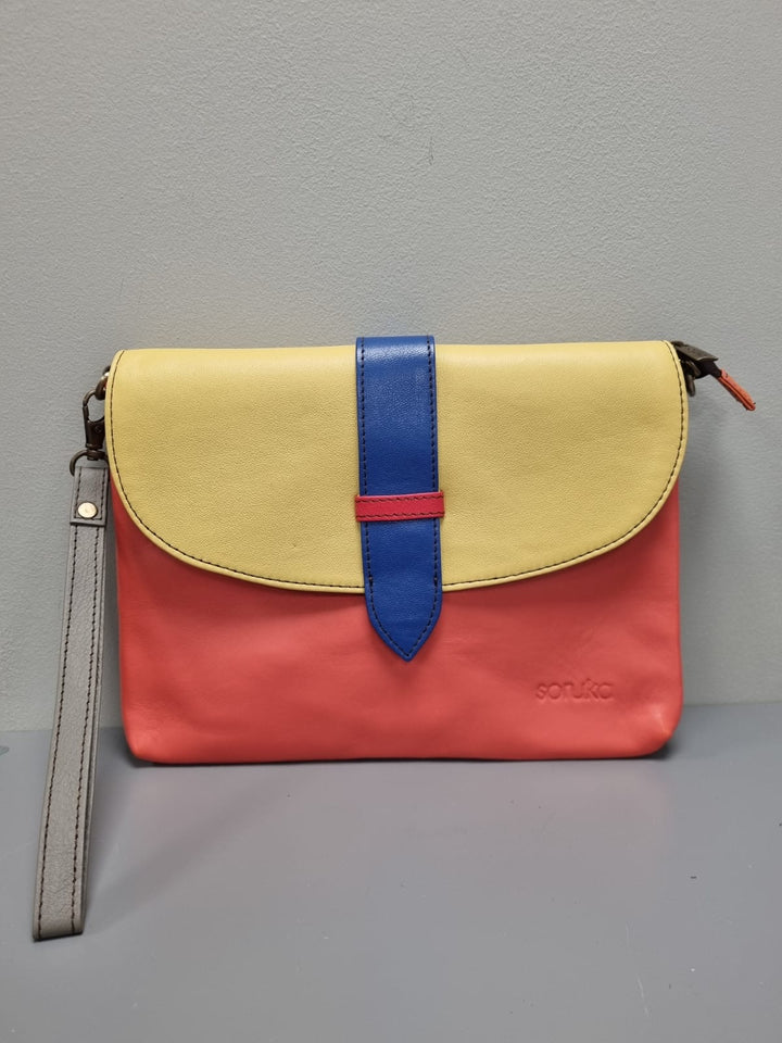 Saddle Cross Body Bag -Coral & Mustard Leather