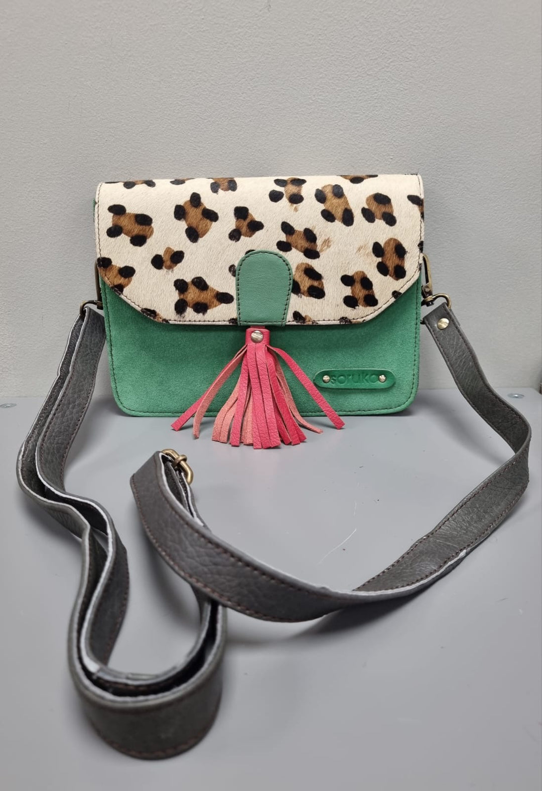 Claire Leather Cross Body Bag - Green Suede and Animal Print