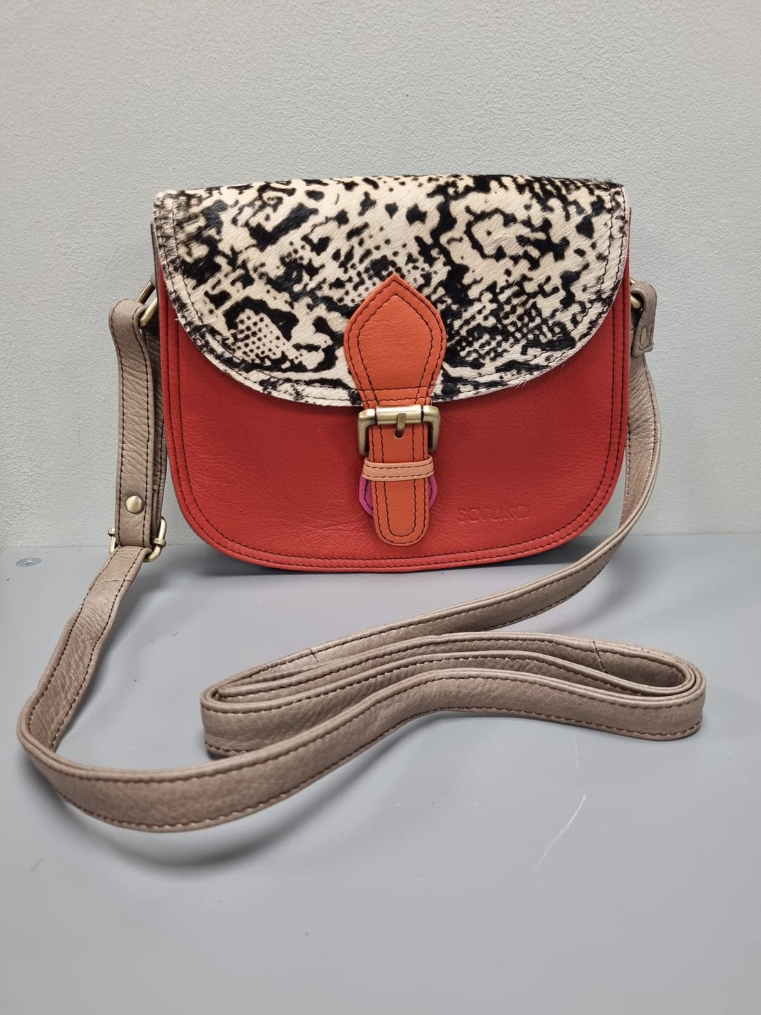Ally Leather Cross Body Bag - Red Leather & Animal Print
